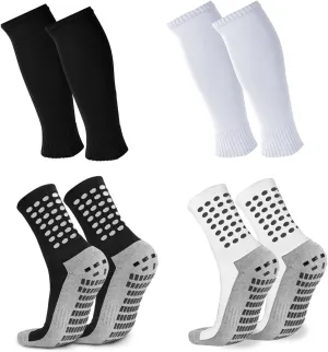 2 Set Grip Soccer Socks with Shin Guard Sleeves Non Slip Soccer Leg Sleeve Socks For Men Women