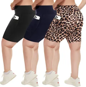 HLTPRO 3 Pack Plus Size Biker Shorts with Pockets for Women (S-4XL)- 8"/5"/3" High Waist Tummy Control Shorts for Yoga