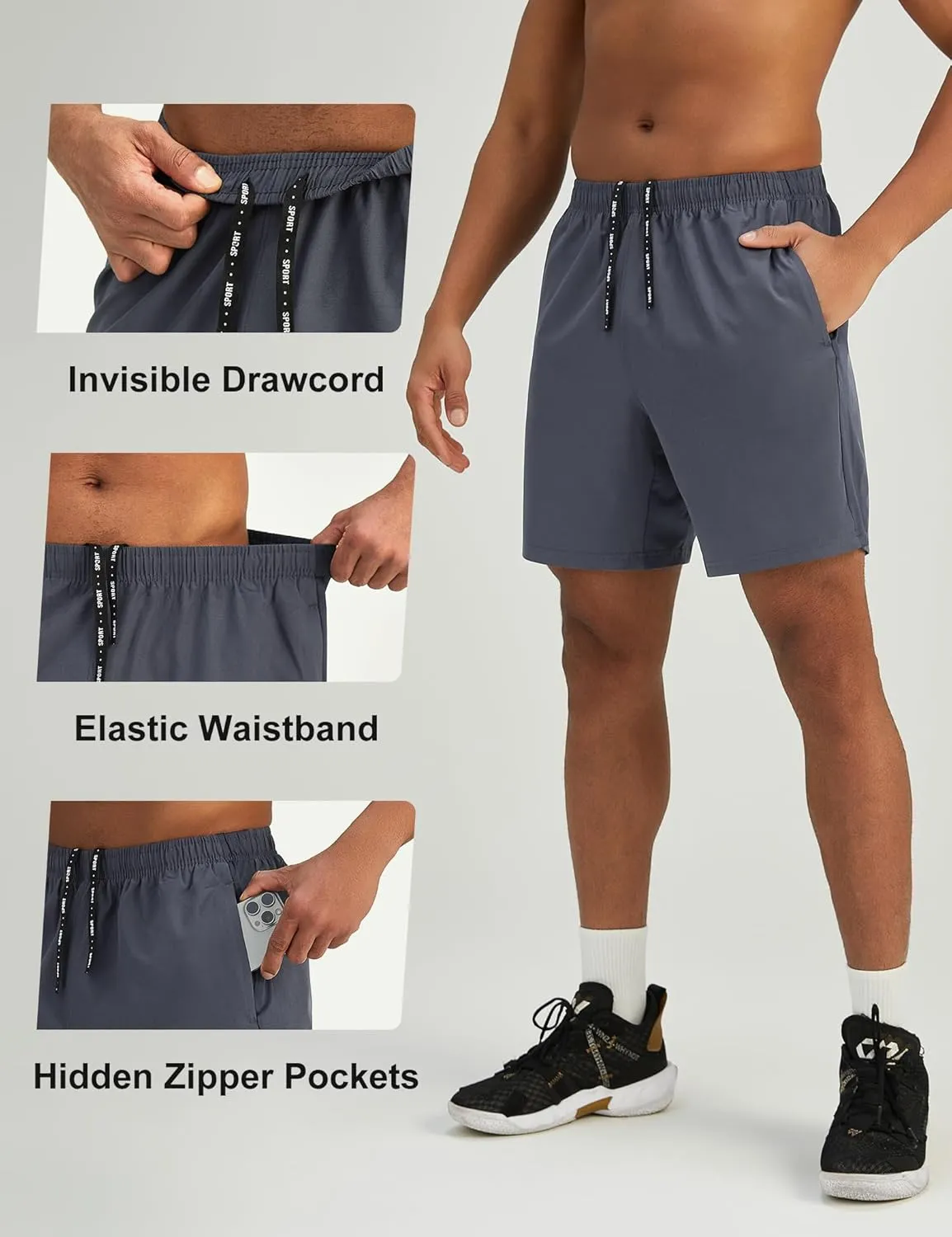 Mens 7'' Lightweight Athletic Shorts Quick Dry Gym Workout Running Shorts with Zipper Pockets