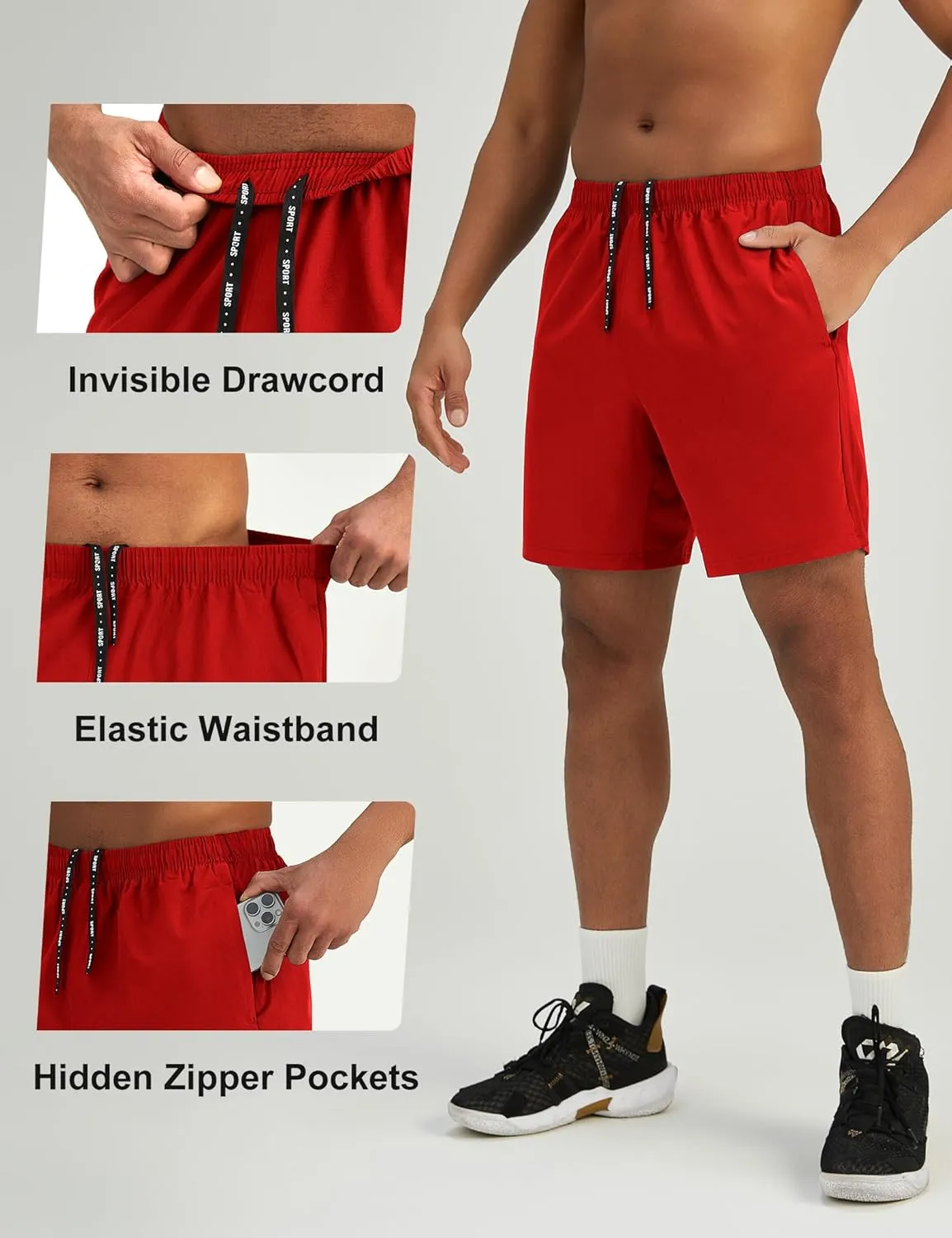 Mens 7'' Lightweight Athletic Shorts Quick Dry Gym Workout Running Shorts with Zipper Pockets