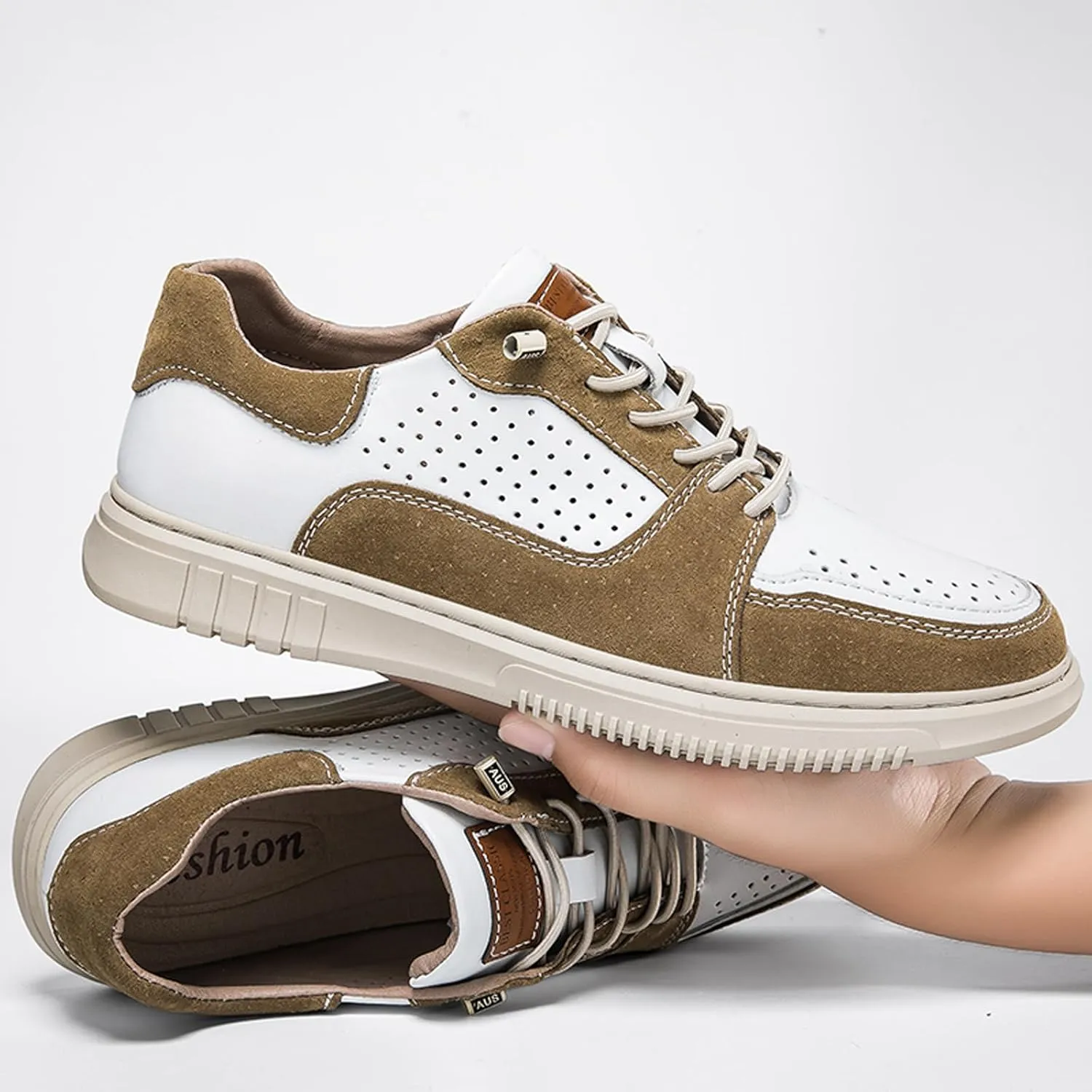 Mens Elevator Shoes Height Increase  2.3 Inch Invisible Height Boost  Suede & Leather Upper, Slip-On Style with Elastic Laces, Non-Slip Sole, Stylish Casual Leather Shoes for Men