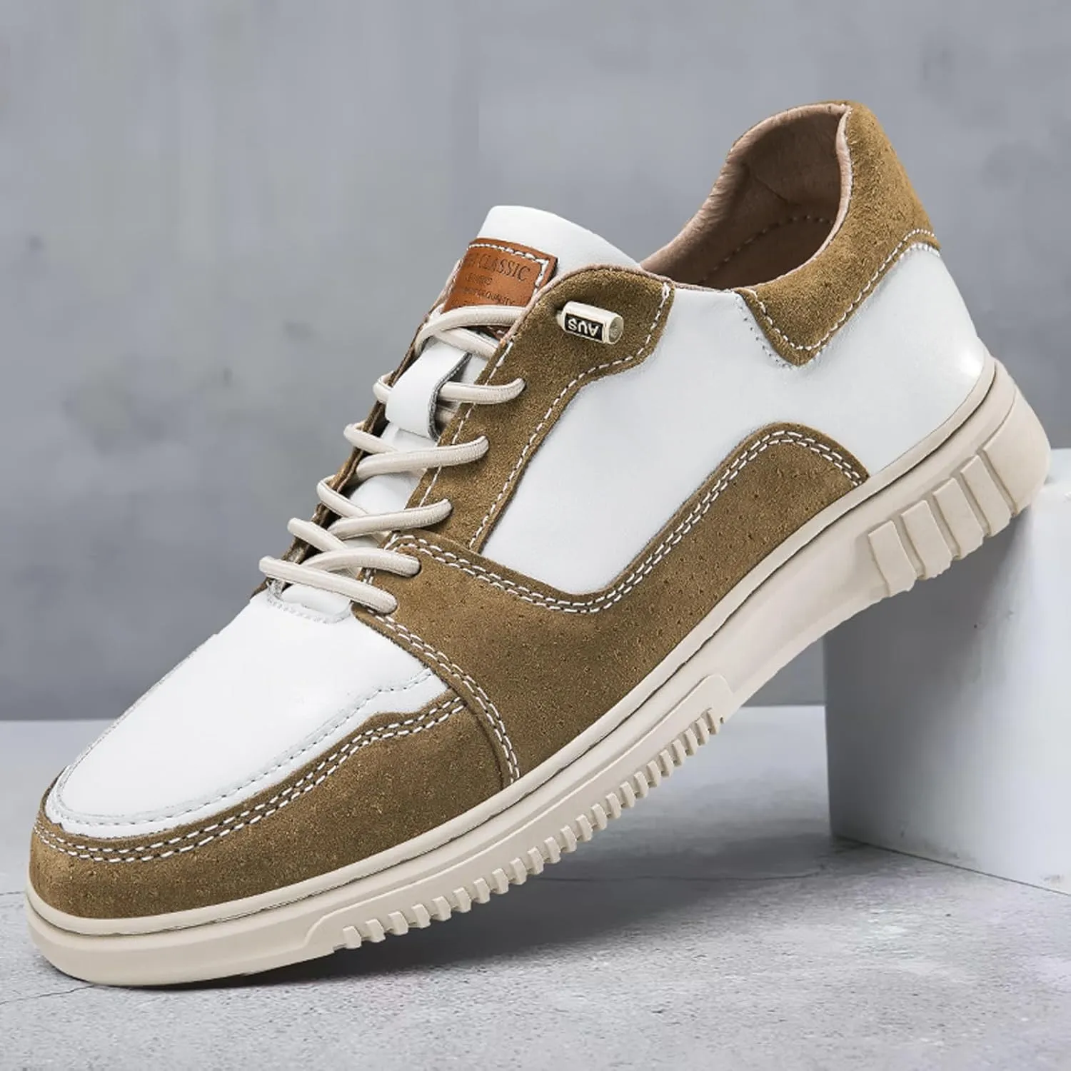 Mens Elevator Shoes Height Increase  2.3 Inch Invisible Height Boost  Suede & Leather Upper, Slip-On Style with Elastic Laces, Non-Slip Sole, Stylish Casual Leather Shoes for Men