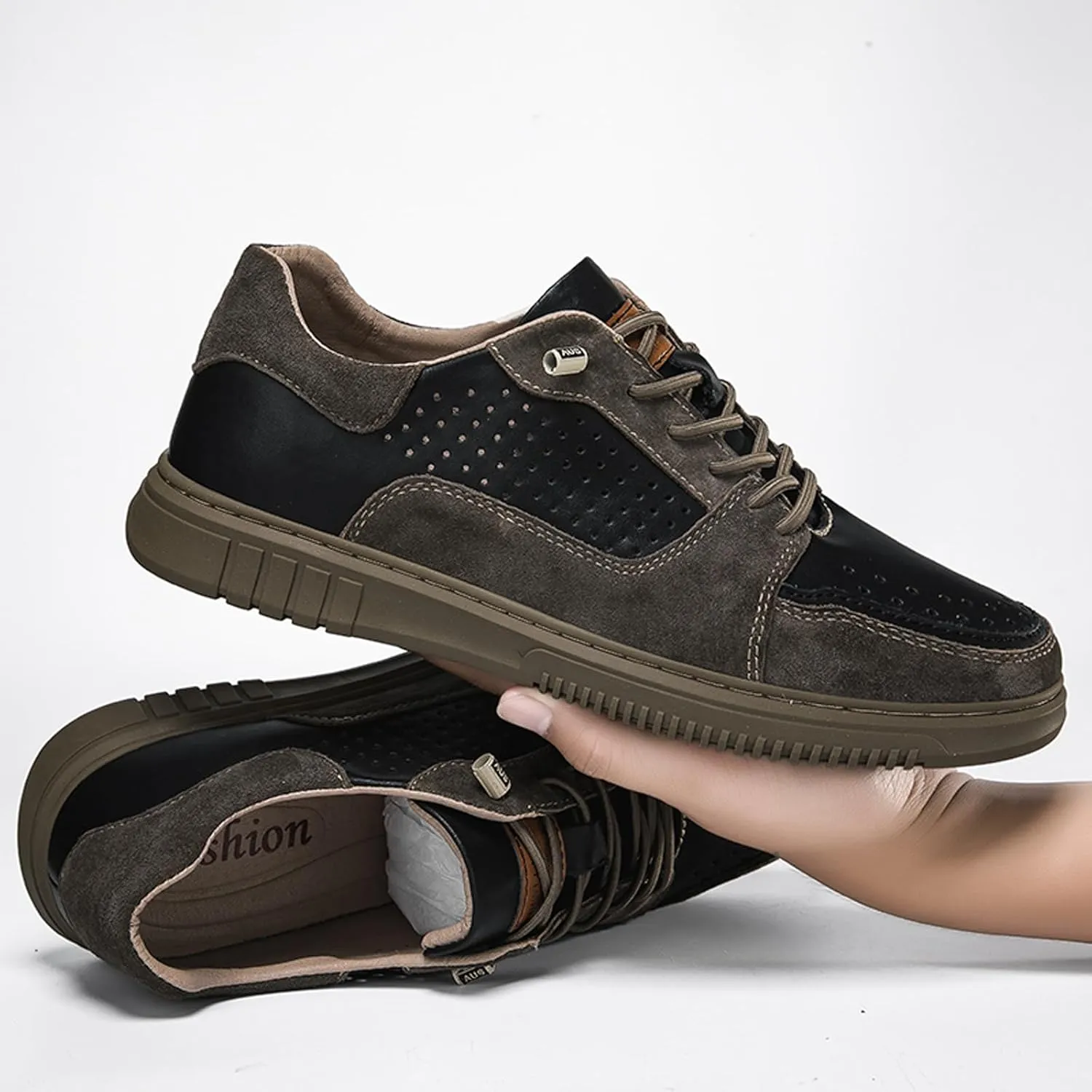 Mens Elevator Shoes Height Increase  2.3 Inch Invisible Height Boost  Suede & Leather Upper, Slip-On Style with Elastic Laces, Non-Slip Sole, Stylish Casual Leather Shoes for Men