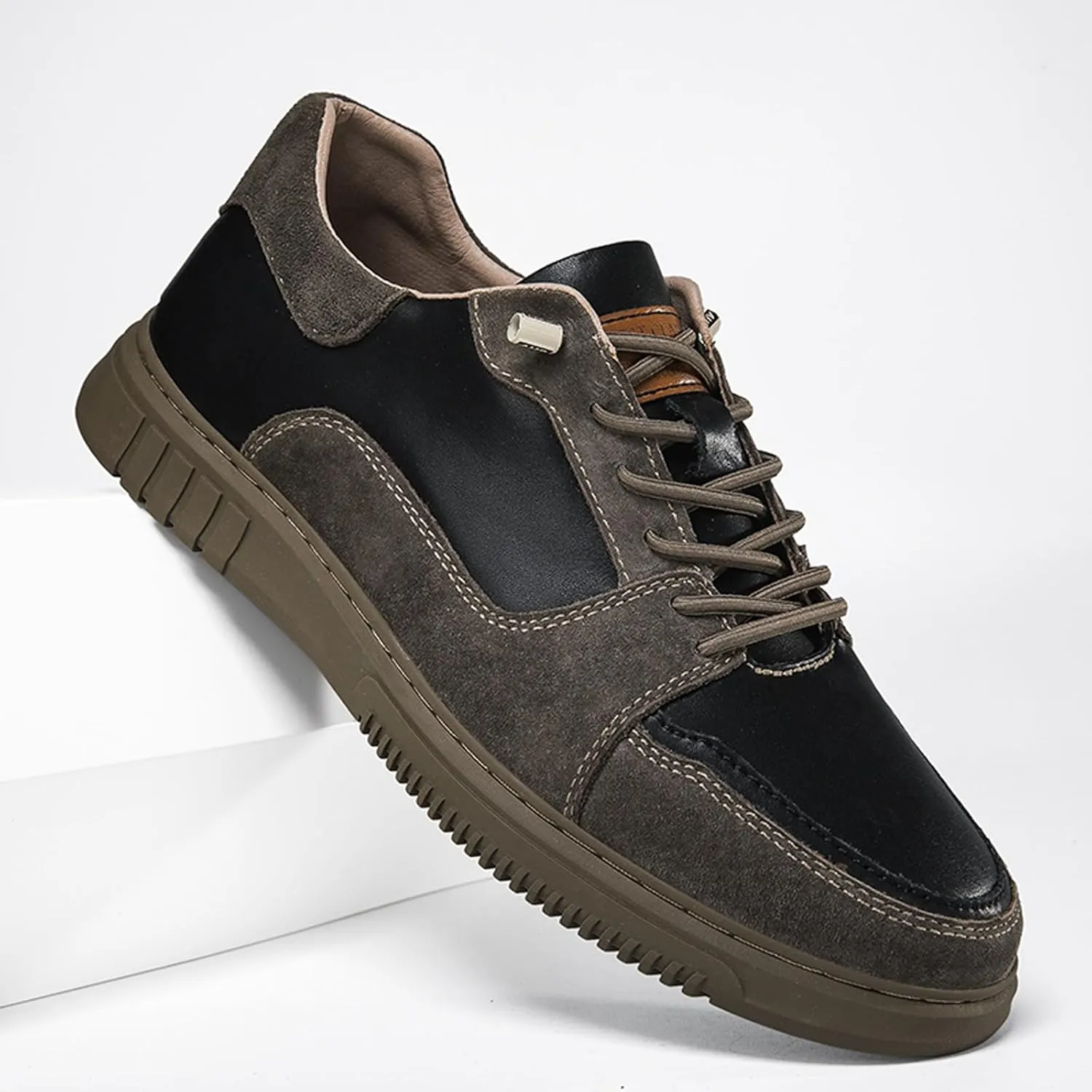 Mens Elevator Shoes Height Increase  2.3 Inch Invisible Height Boost  Suede & Leather Upper, Slip-On Style with Elastic Laces, Non-Slip Sole, Stylish Casual Leather Shoes for Men