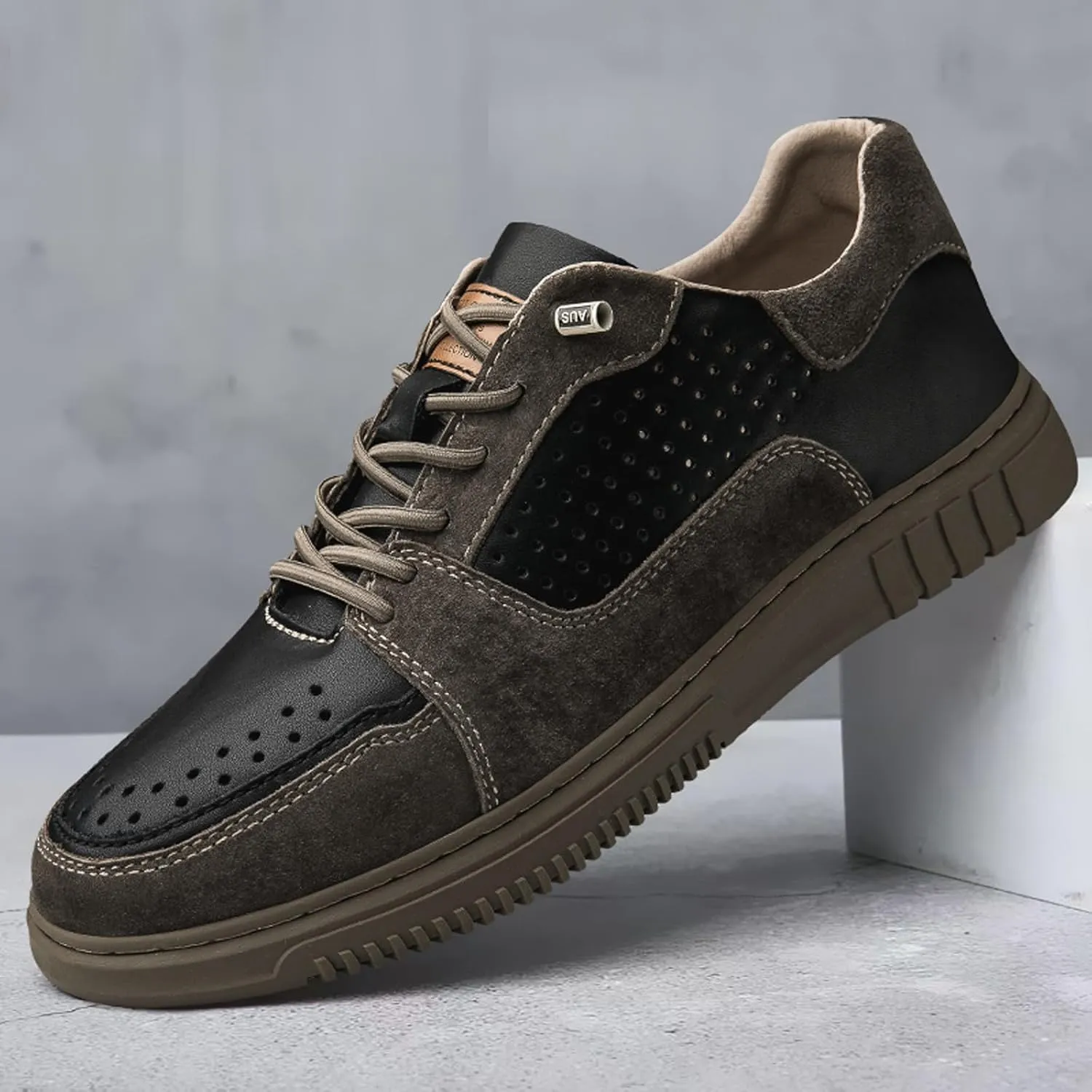Mens Elevator Shoes Height Increase  2.3 Inch Invisible Height Boost  Suede & Leather Upper, Slip-On Style with Elastic Laces, Non-Slip Sole, Stylish Casual Leather Shoes for Men