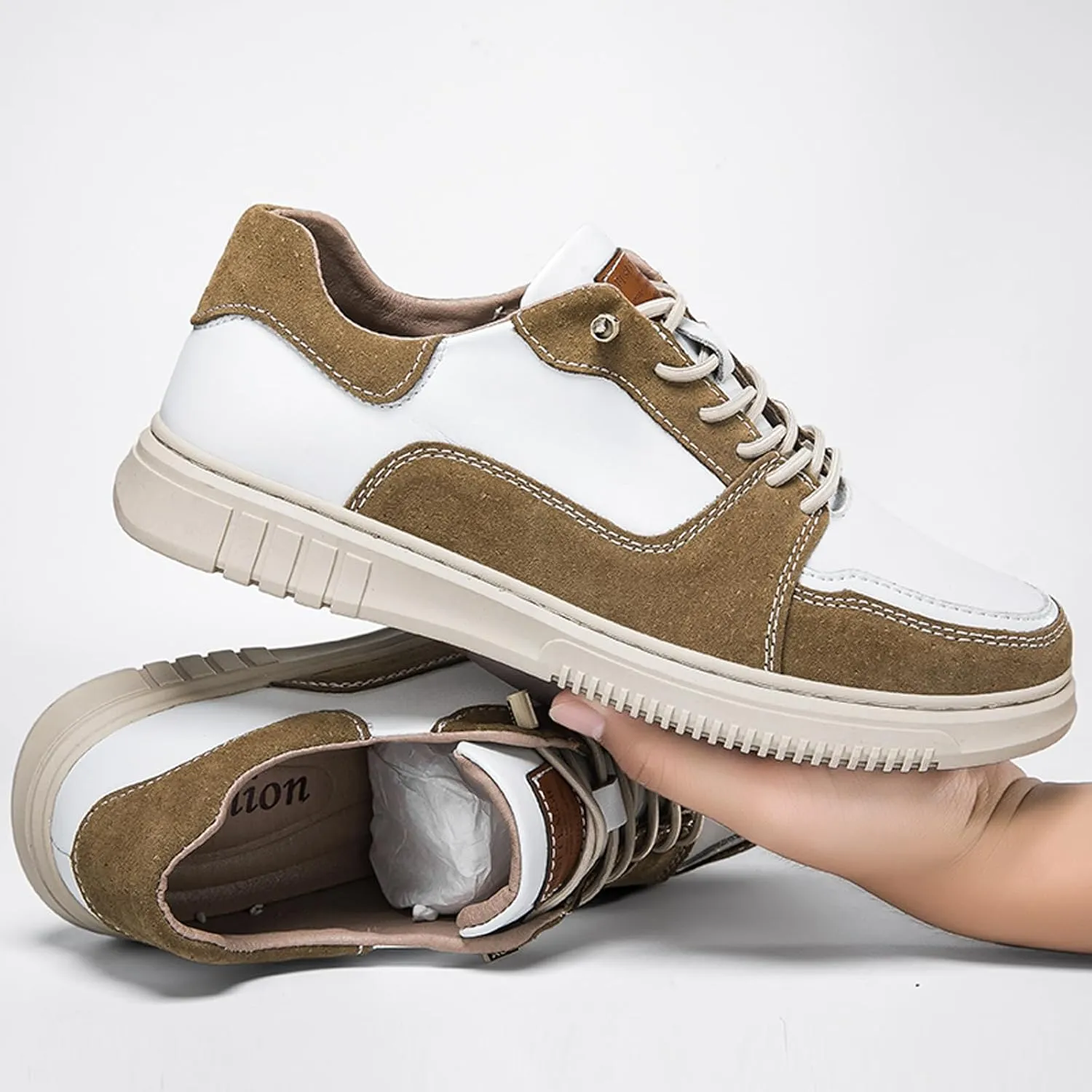 Mens Elevator Shoes Height Increase  2.3 Inch Invisible Height Boost  Suede & Leather Upper, Slip-On Style with Elastic Laces, Non-Slip Sole, Stylish Casual Leather Shoes for Men