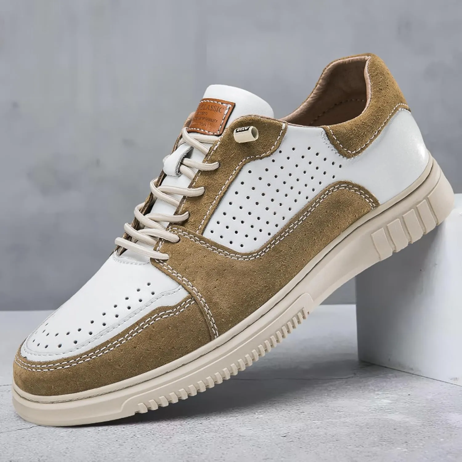 Mens Elevator Shoes Height Increase  2.3 Inch Invisible Height Boost  Suede & Leather Upper, Slip-On Style with Elastic Laces, Non-Slip Sole, Stylish Casual Leather Shoes for Men