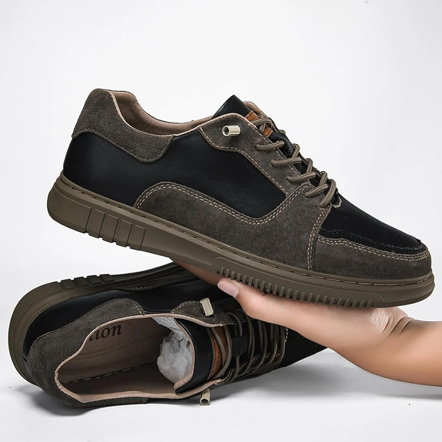 Mens Elevator Shoes Height Increase  2.3 Inch Invisible Height Boost  Suede & Leather Upper, Slip-On Style with Elastic Laces, Non-Slip Sole, Stylish Casual Leather Shoes for Men