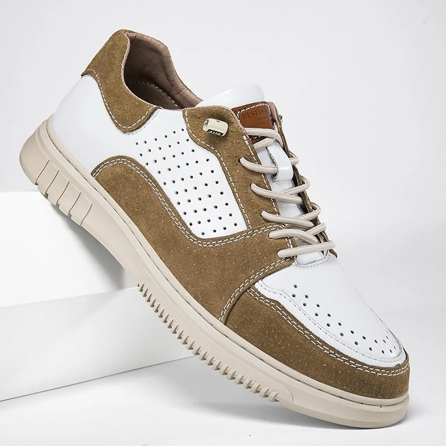Mens Elevator Shoes Height Increase  2.3 Inch Invisible Height Boost  Suede & Leather Upper, Slip-On Style with Elastic Laces, Non-Slip Sole, Stylish Casual Leather Shoes for Men