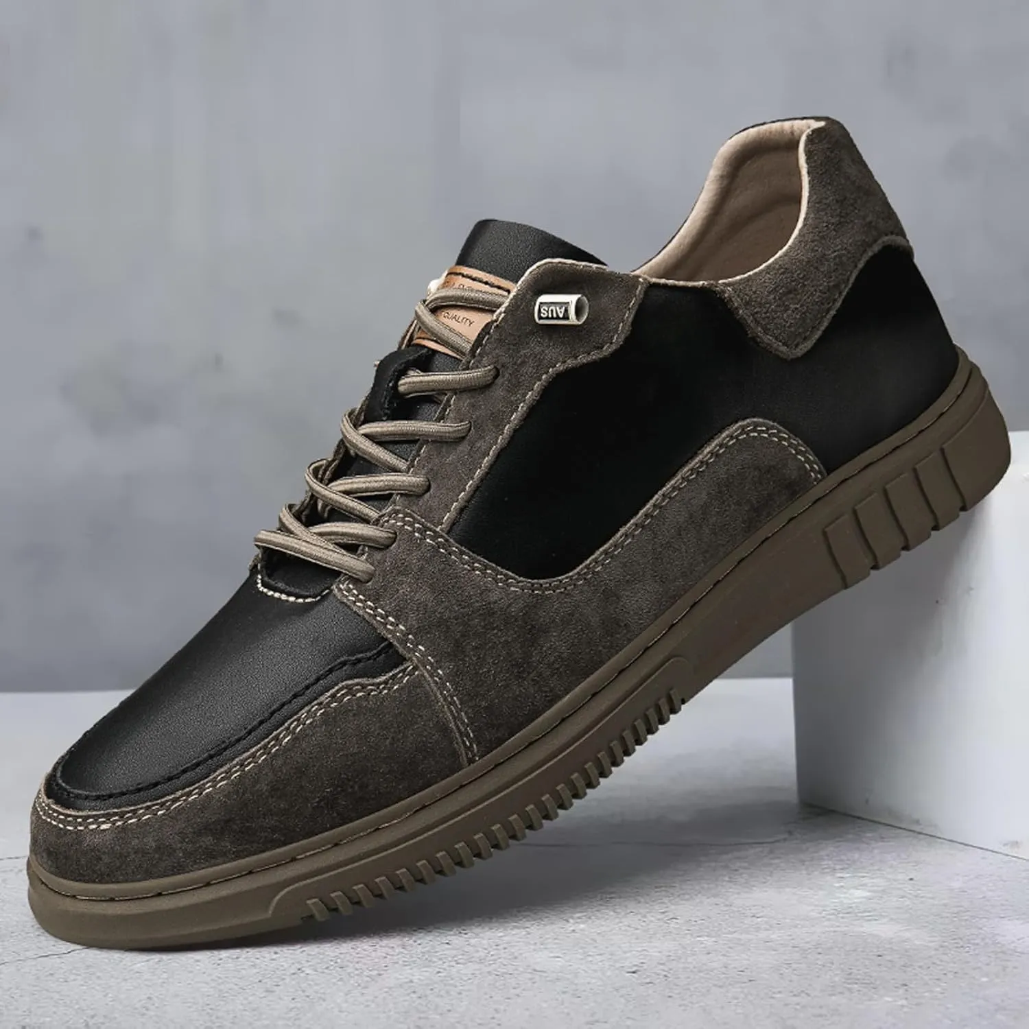 Mens Elevator Shoes Height Increase  2.3 Inch Invisible Height Boost  Suede & Leather Upper, Slip-On Style with Elastic Laces, Non-Slip Sole, Stylish Casual Leather Shoes for Men