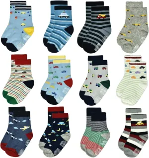 Tphon Toddler Boy Socks with Grips 12 Pairs Kids Anti Slip Cotton Crew Socks for Boys, Girls 1-7 Years