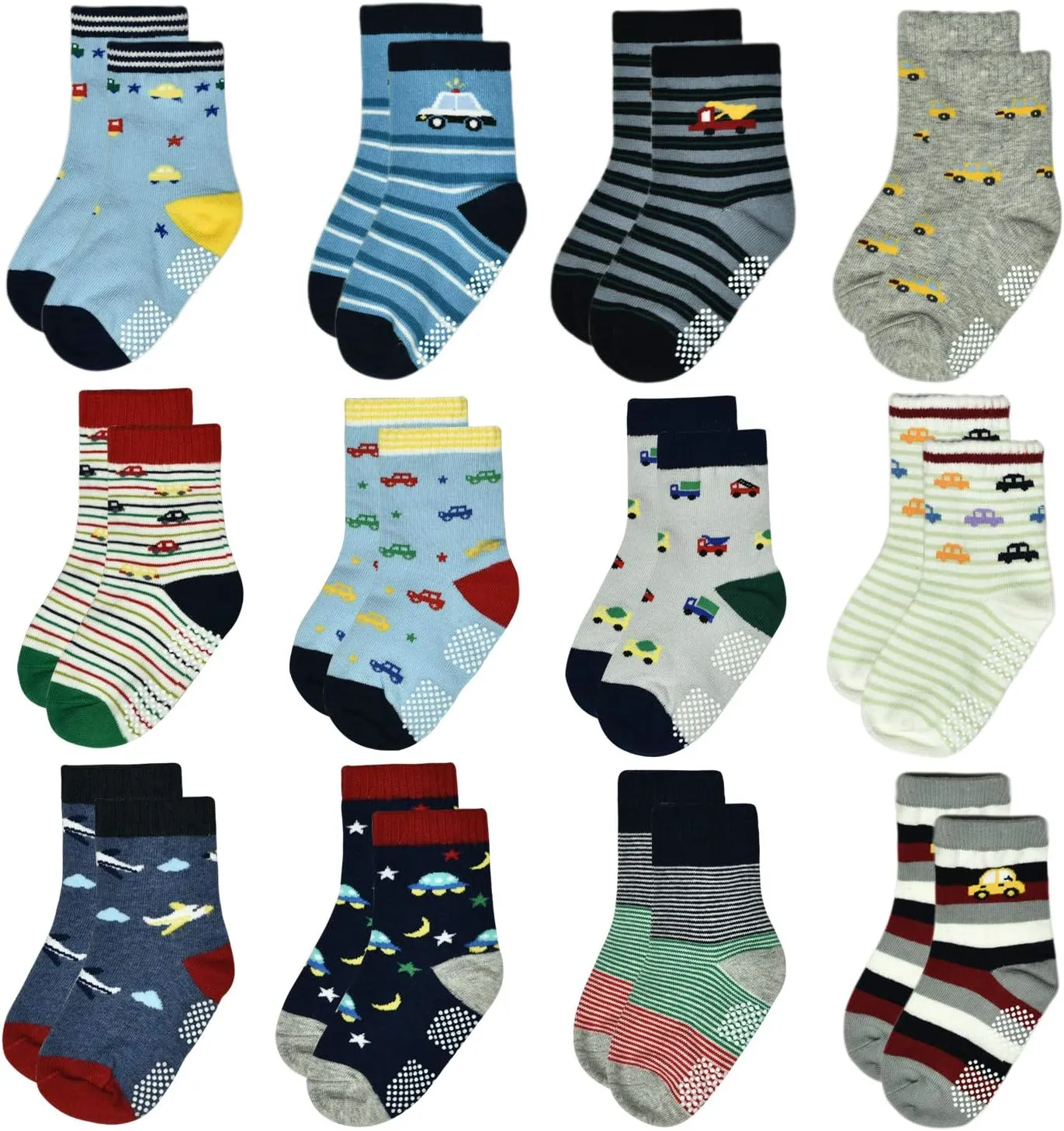 Tphon Toddler Boy Socks with Grips 12 Pairs Kids Anti Slip Cotton Crew Socks for Boys, Girls 1-7 Years