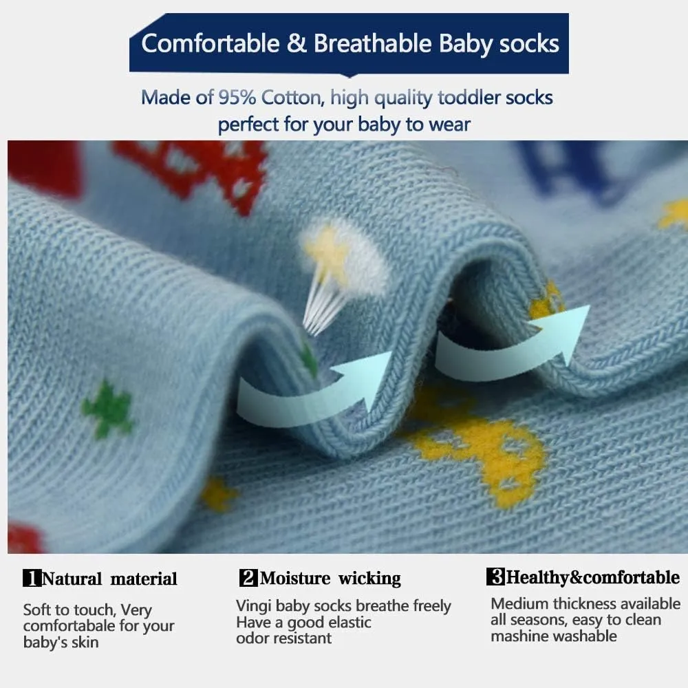 Tphon Toddler Boy Socks with Grips 12 Pairs Kids Anti Slip Cotton Crew Socks for Boys, Girls 1-7 Years