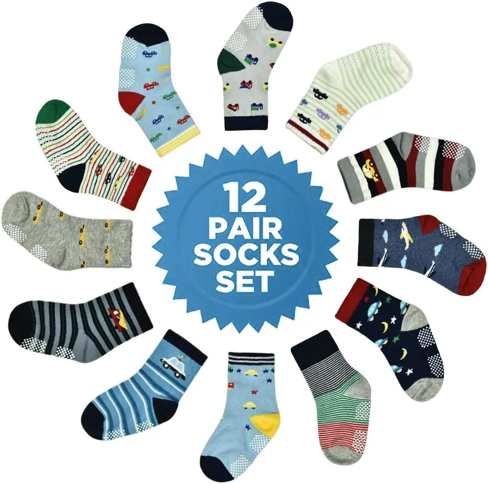 Tphon Toddler Boy Socks with Grips 12 Pairs Kids Anti Slip Cotton Crew Socks for Boys, Girls 1-7 Years