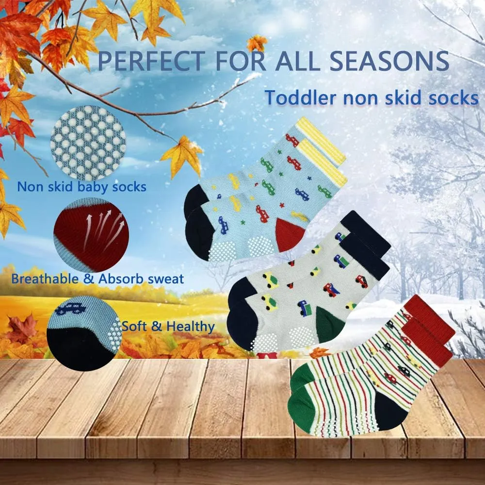 Tphon Toddler Boy Socks with Grips 12 Pairs Kids Anti Slip Cotton Crew Socks for Boys, Girls 1-7 Years
