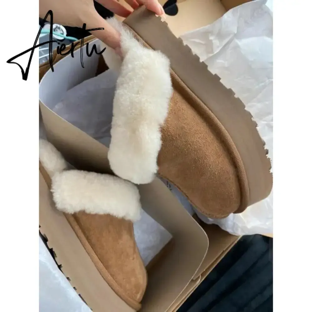 Winter Women Fur Slippers Warm Boots Platform Flip Flops  New Short Plush Flats Home Cotton Shoes Suede Mules Ladies Boots