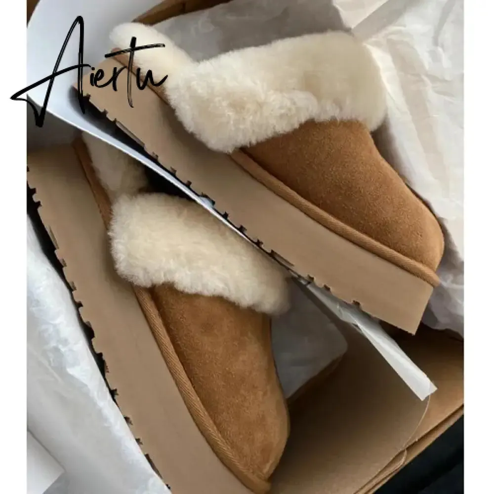 Winter Women Fur Slippers Warm Boots Platform Flip Flops  New Short Plush Flats Home Cotton Shoes Suede Mules Ladies Boots