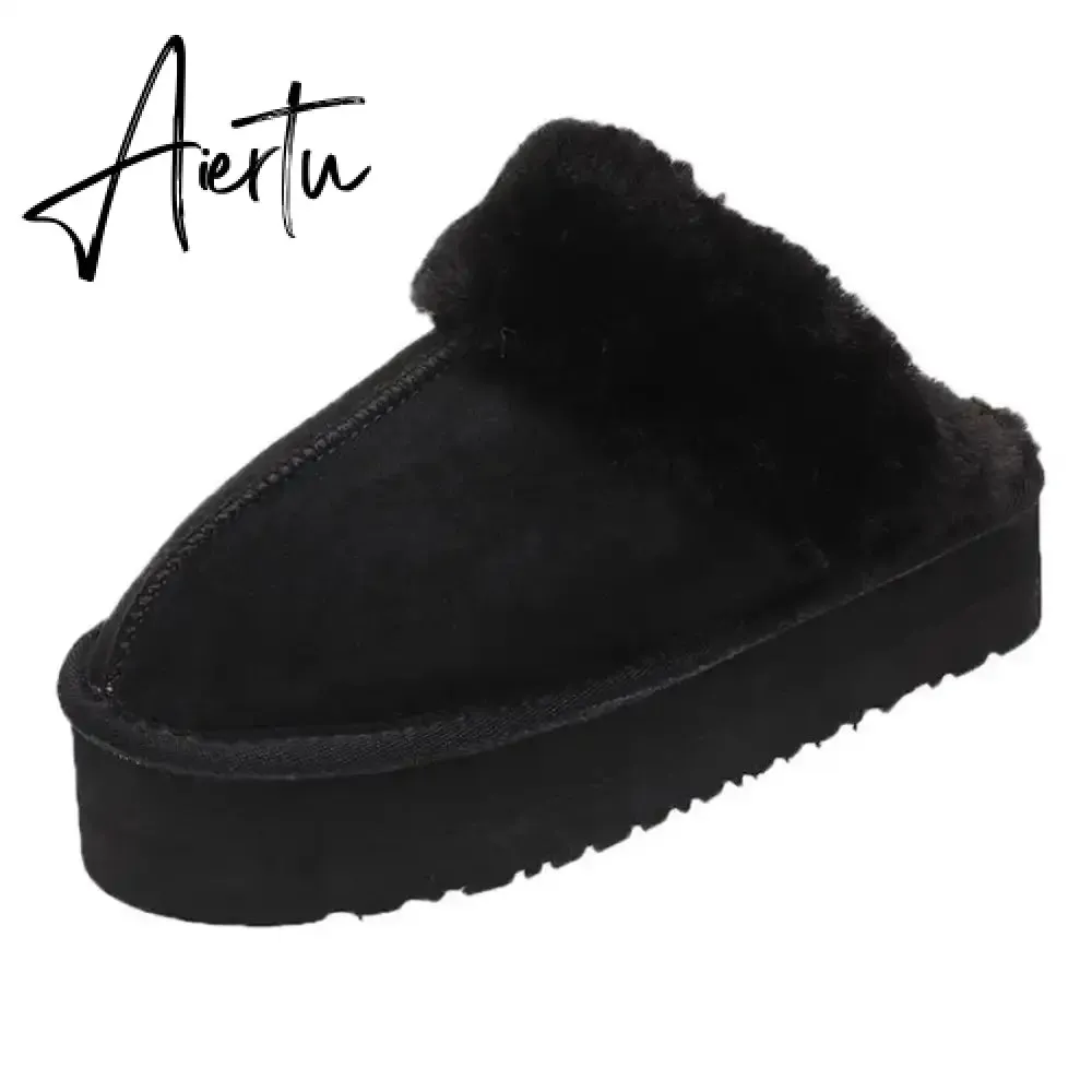Winter Women Fur Slippers Warm Boots Platform Flip Flops  New Short Plush Flats Home Cotton Shoes Suede Mules Ladies Boots