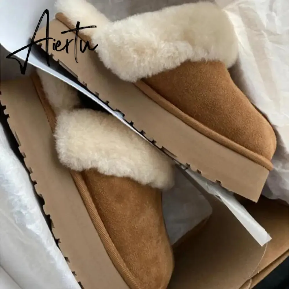 Winter Women Fur Slippers Warm Boots Platform Flip Flops  New Short Plush Flats Home Cotton Shoes Suede Mules Ladies Boots