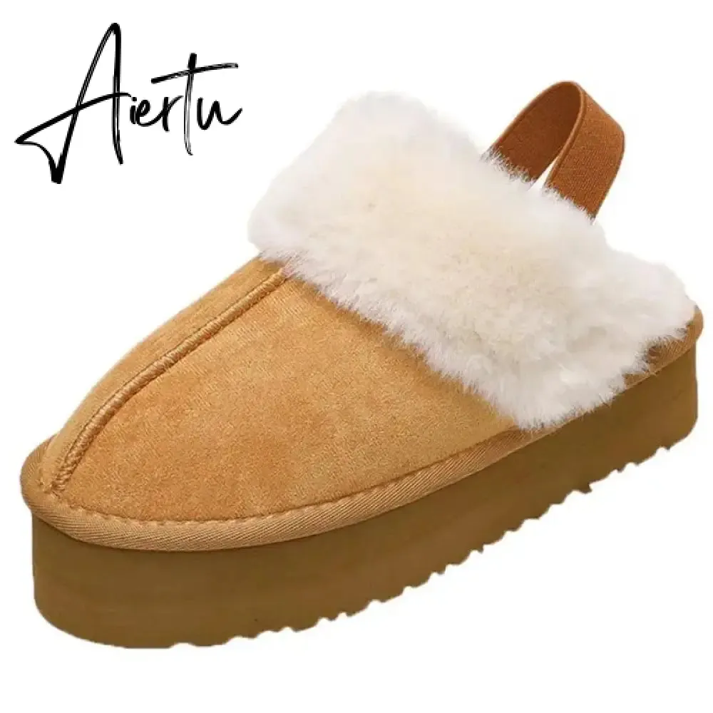 Winter Women Fur Slippers Warm Boots Platform Flip Flops  New Short Plush Flats Home Cotton Shoes Suede Mules Ladies Boots